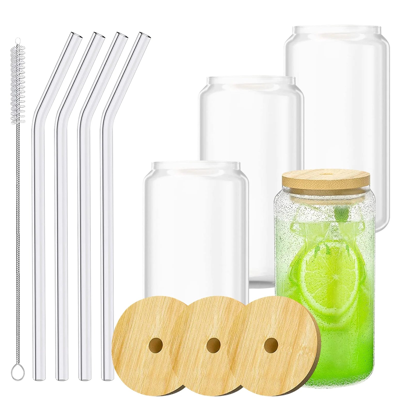 16 Oz Beer Can Shaped Glass Cups with Bamboo Lids & Glass Straws – Set of 4 Reusable Iced Coffee Glasses – Aesthetic Drinking Glasses for Soda, Tea, Water, Whiskey – Eco-Friendly Gift Set