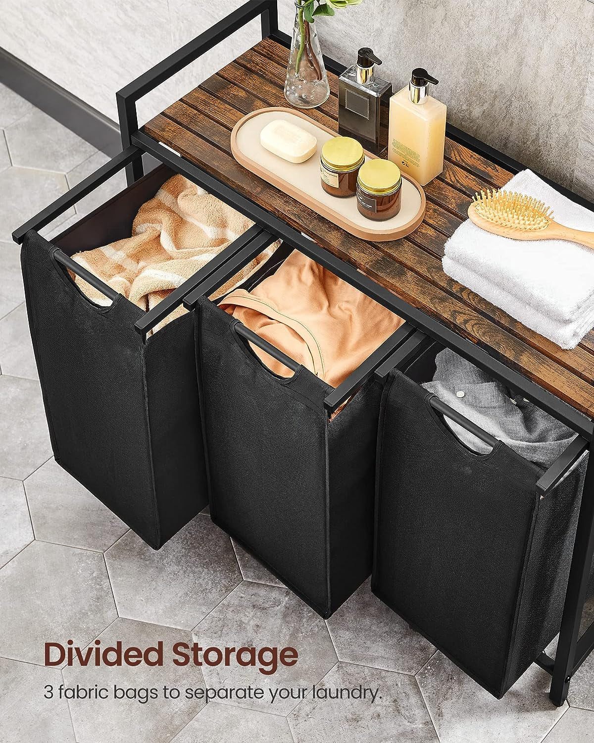 Laundry Hamper, Laundry Basket, Laundry Sorter with 3 Pull-Out and Removable Bags, Shelf, Metal Frame, 3 X 10.6 Gallons (40 L), 36.4 X 13 X 28.4 Inches, Ink Black and Rustic Brown UBLH301B01V1