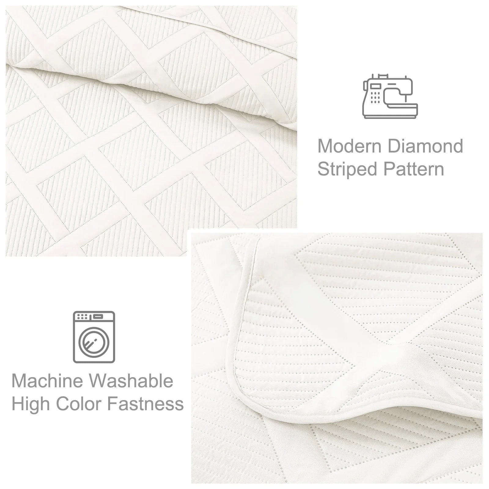 Ultrasonic 3-Piece King Quilt Set – Lightweight Striped Coverlet Bedspread in White, Modern Bedding