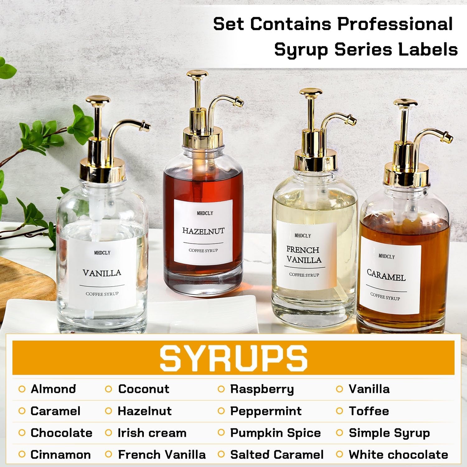 Coffee Syrup Dispenser Set – 4 Pack 16.9 Oz Bottles with Gold Pumps & Labels, Refillable Coffee Bar Accessories for Flavored Syrups