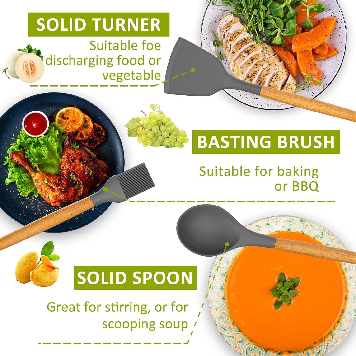 35-Piece Silicone Cooking Utensil Set – Non-Stick, Heat-Resistant Kitchen Tools with Natural Wooden Handles – Gray Kitchen Gadgets & Cookware Set