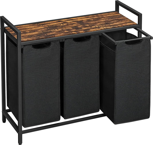 Laundry Hamper, Laundry Basket, Laundry Sorter with 3 Pull-Out and Removable Bags, Shelf, Metal Frame, 3 X 10.6 Gallons (40 L), 36.4 X 13 X 28.4 Inches, Ink Black and Rustic Brown UBLH301B01V1