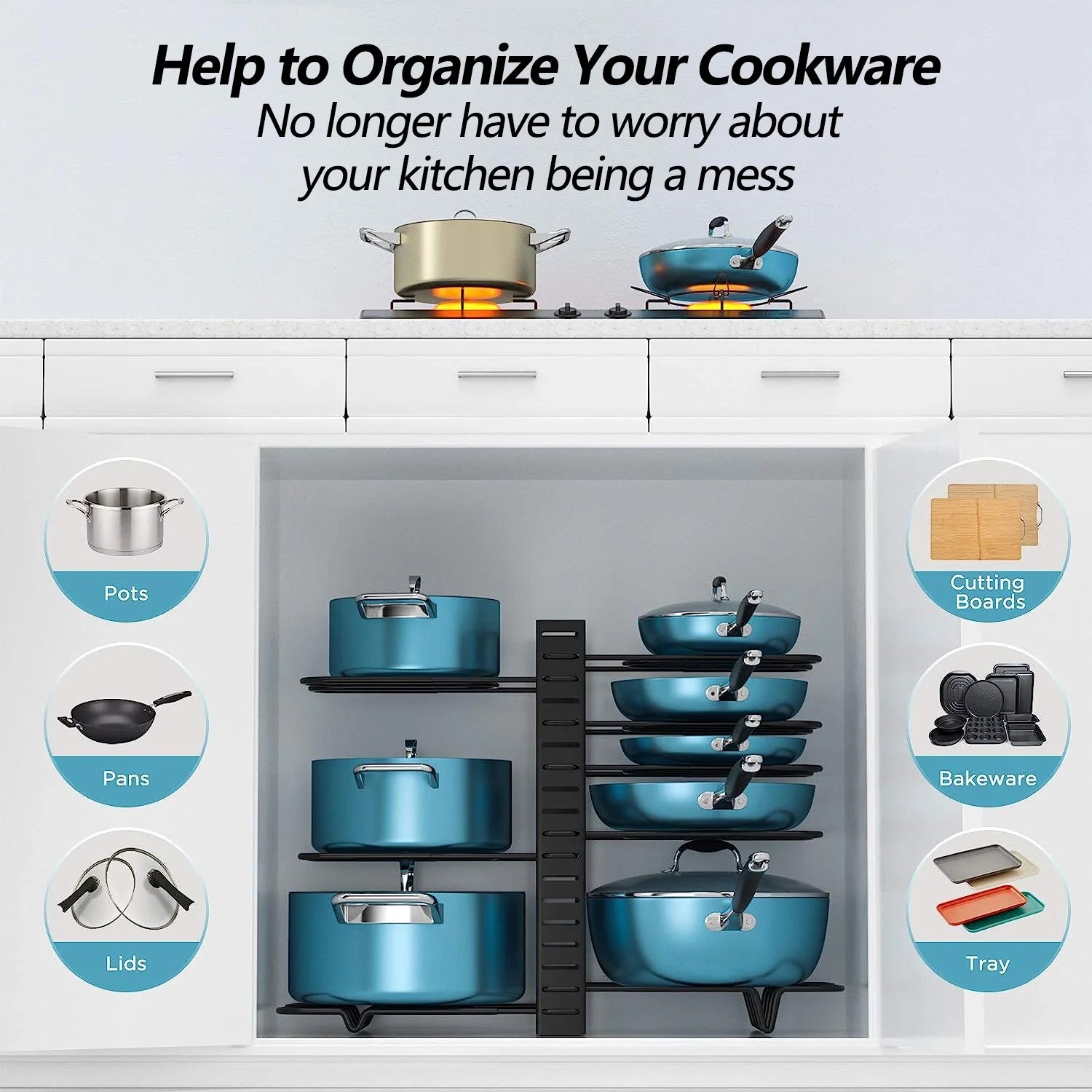 Pots and Pans Organizer Rack – 8-Tier Adjustable Heavy-Duty Metal Rack with 3 DIY Assembly Options & Anti-Slip Silicone Pads for Cabinet & Kitchen Storage