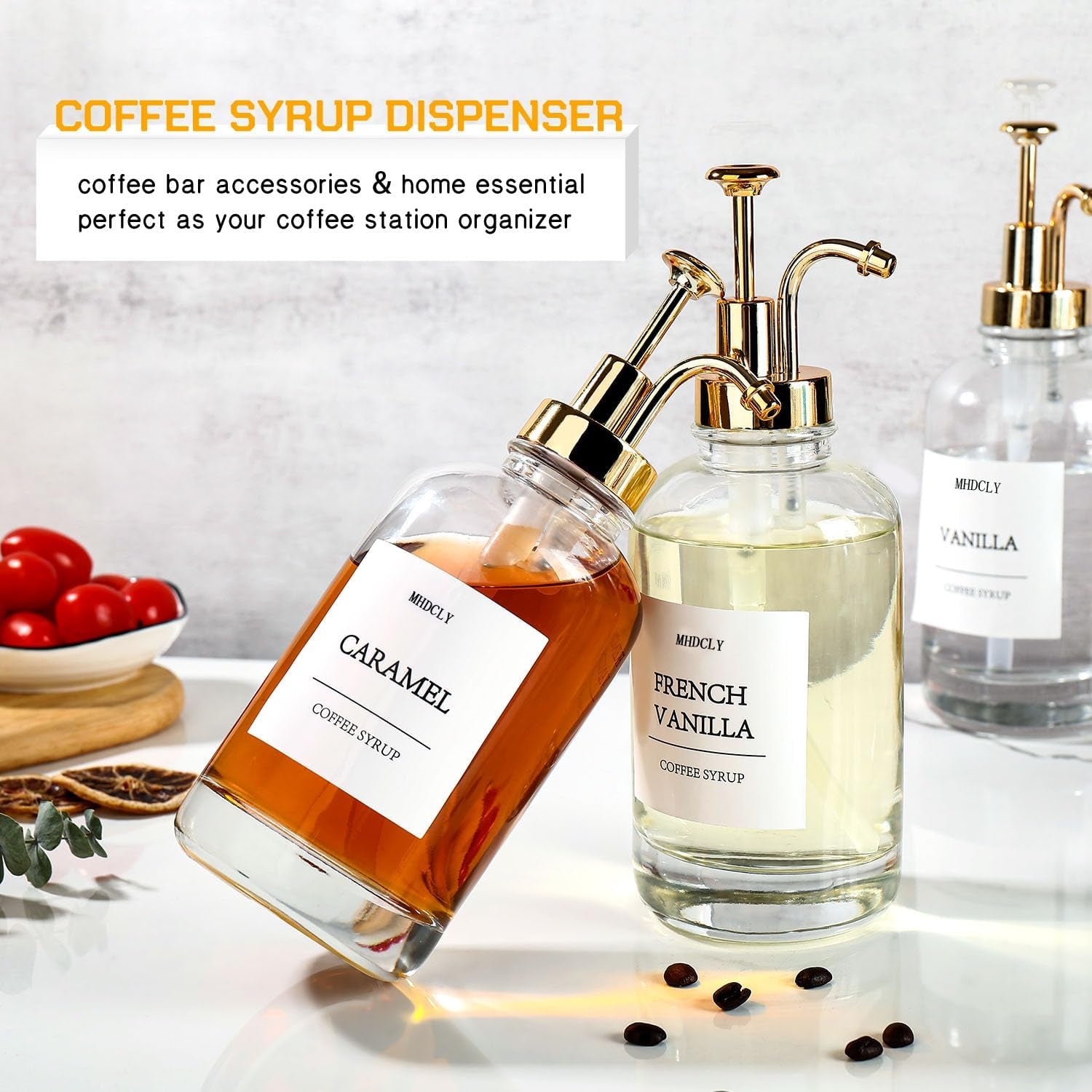 Coffee Syrup Dispenser Set – 4 Pack 16.9 Oz Bottles with Gold Pumps & Labels, Refillable Coffee Bar Accessories for Flavored Syrups