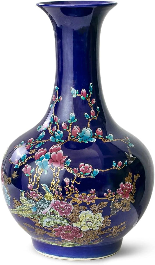 Handmade Famille Rose Porcelain Vase – Cobalt Blue, Globular, 14.5"