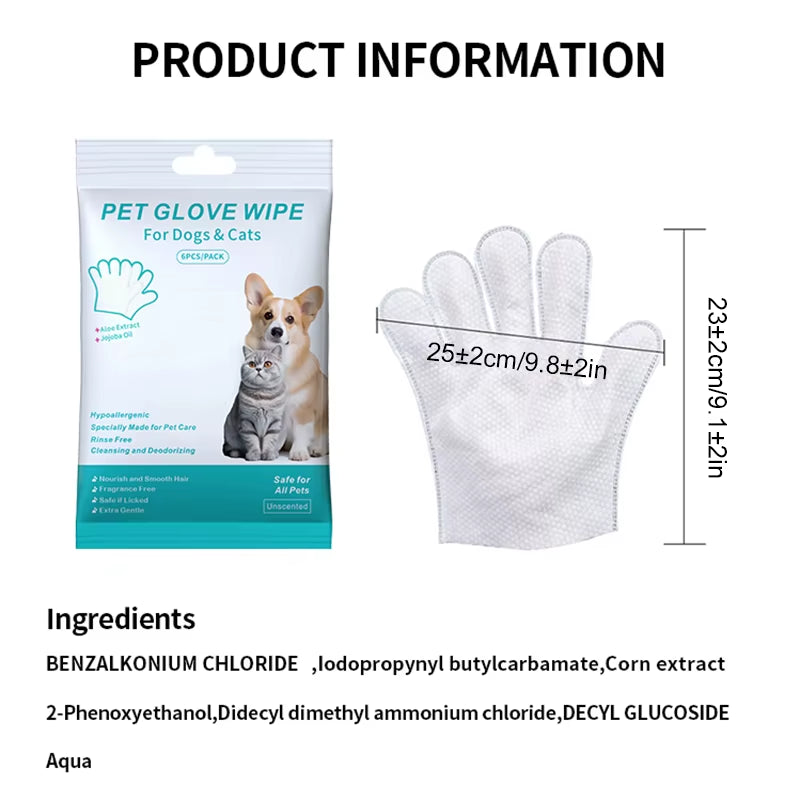 6PCS Disposable Pet Cleaning Gloves – No-Rinse Bath Wipes
