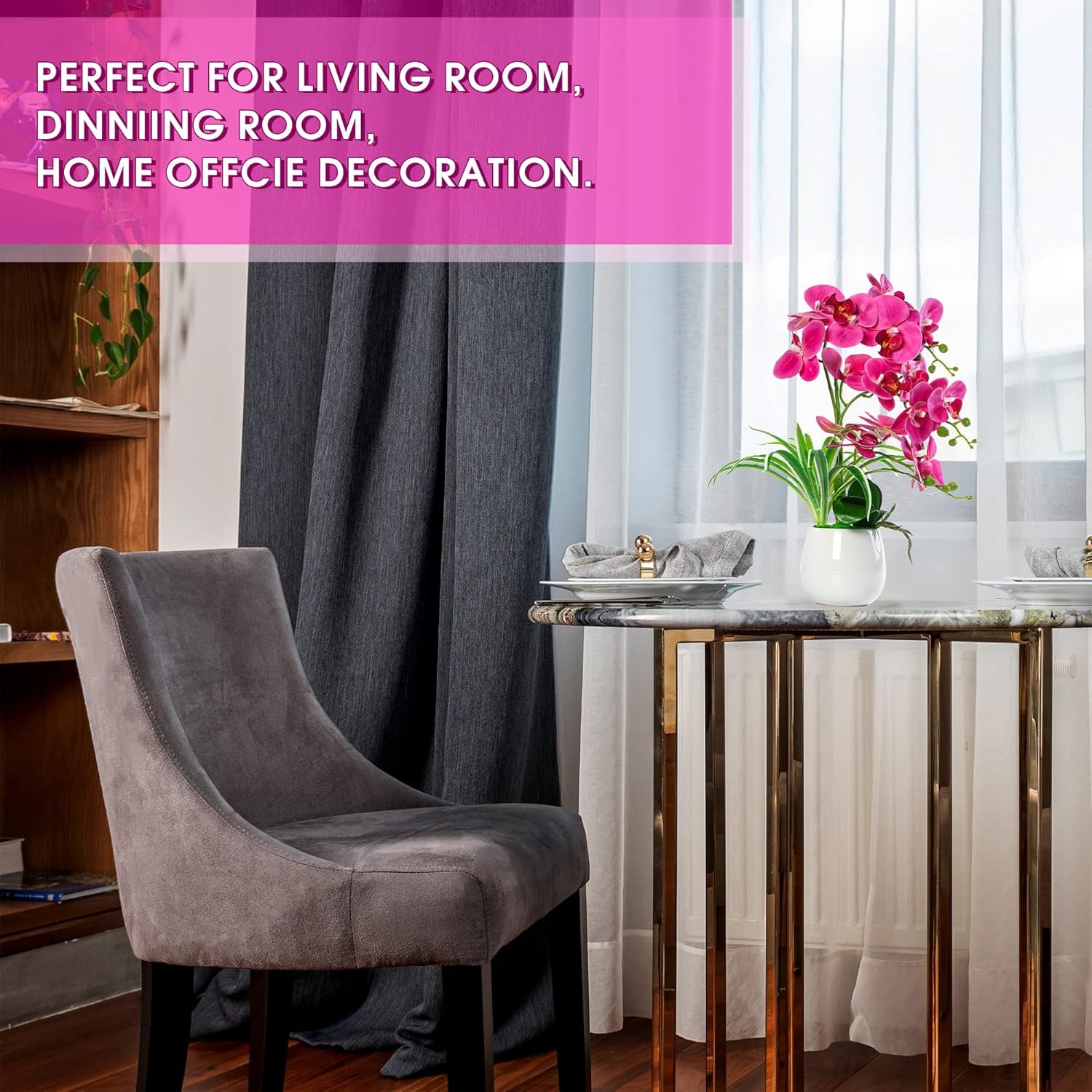 19” Artificial Fuchsia Orchid Plant with Ceramic Vase – Realistic Faux Flower Decor