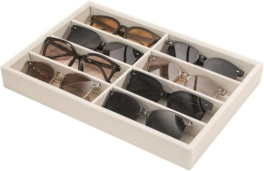 8-Slot Sunglass Organizer Tray – Beige Velvet Display Case for Glasses, Watches, Jewelry – Unisex Storage for Men & Women