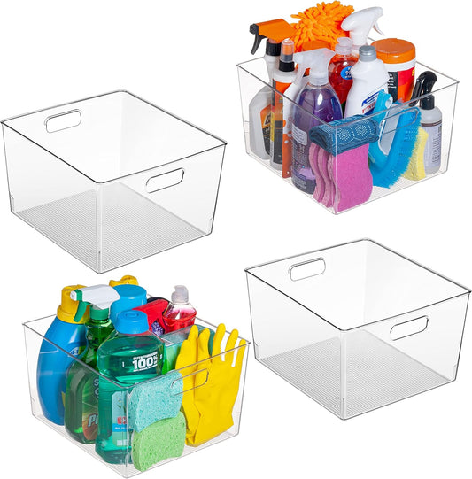 Clear XL Plastic Storage Bins – Set of 4 Versatile Organizers for Kitchen, Fridge, Pantry & Cabinets