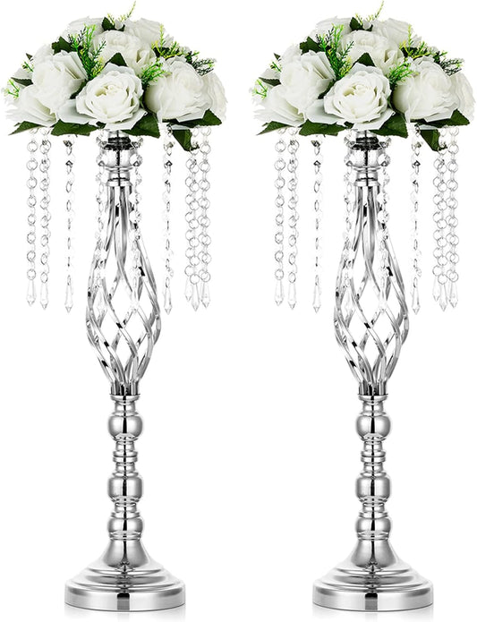  2-Pc Silver Wedding Centerpiece Flower Stands – 21.7" Tall Crystal Vases for Weddings & Events