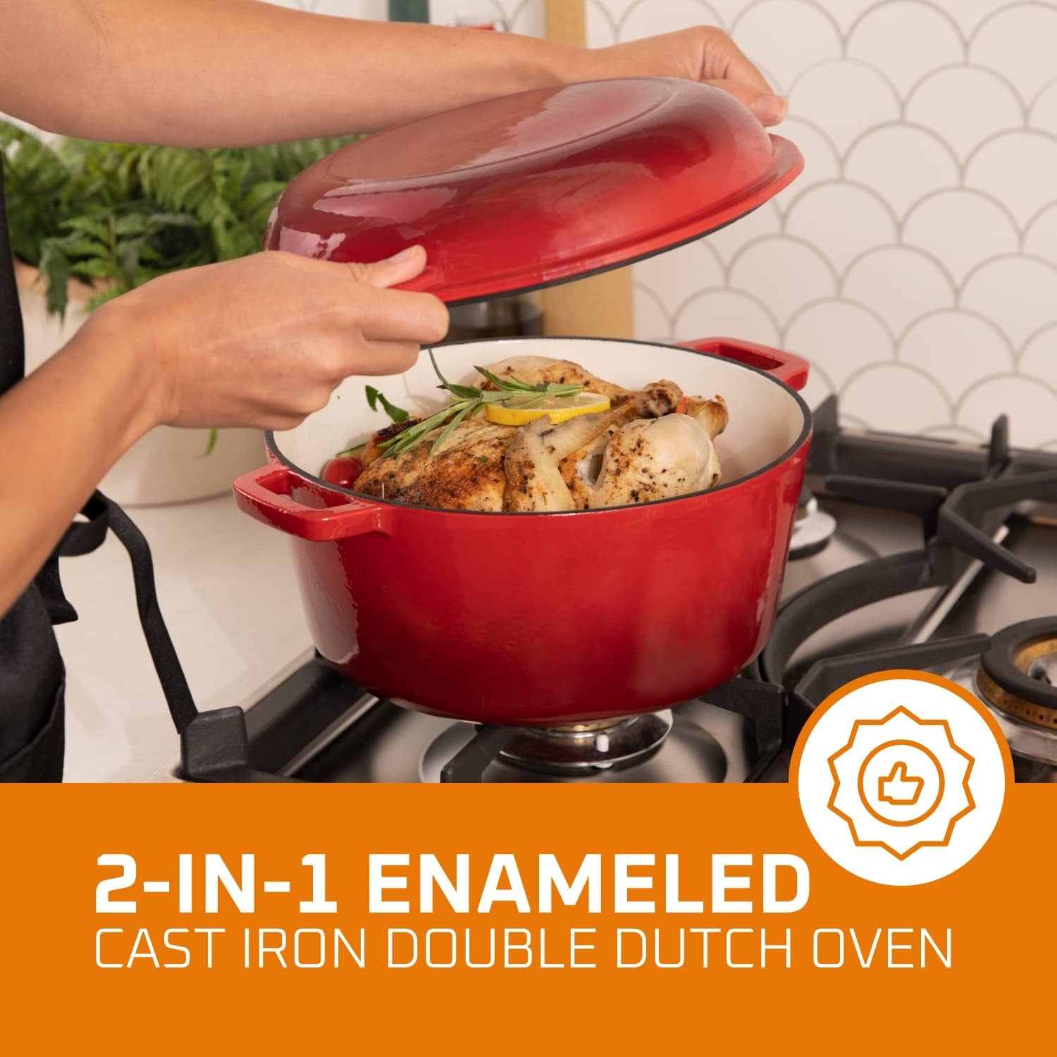 2-in-1 Pre-Seasoned Cast Iron Dutch Oven with Skillet Lid – 5 Qt Round Double Dutch Oven for Bread, Casseroles & Braising (13.5" x 7", Black)