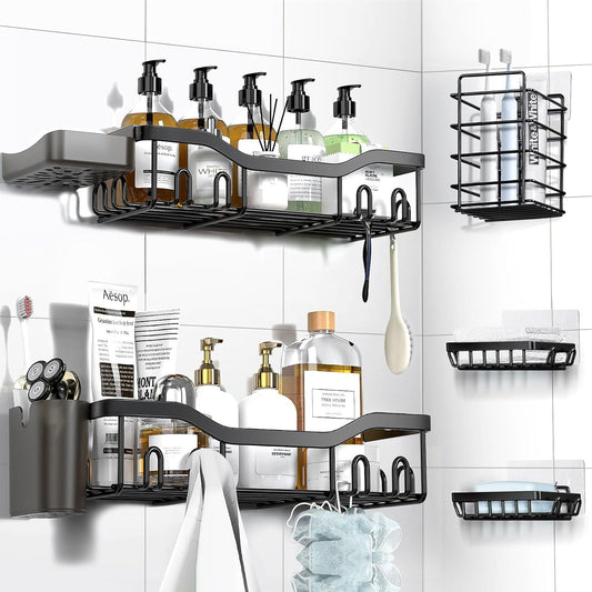 7-Pack Adhesive Shower Caddy Set – Rustproof Stainless Steel Bathroom Organizer with Soap Dish, Toothbrush Holder & 24 Hooks – No-Drill, Large Capacity Storage Solution