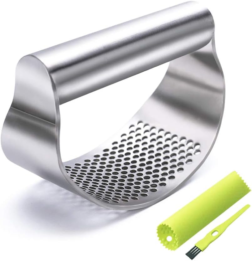 Stainless Steel Garlic Press Rocker Set – Garlic Mincer & Crusher with Ergonomic Handle, Silicone Peeler & Cleaning Brush – Easy-to-Use Kitchen Gadget