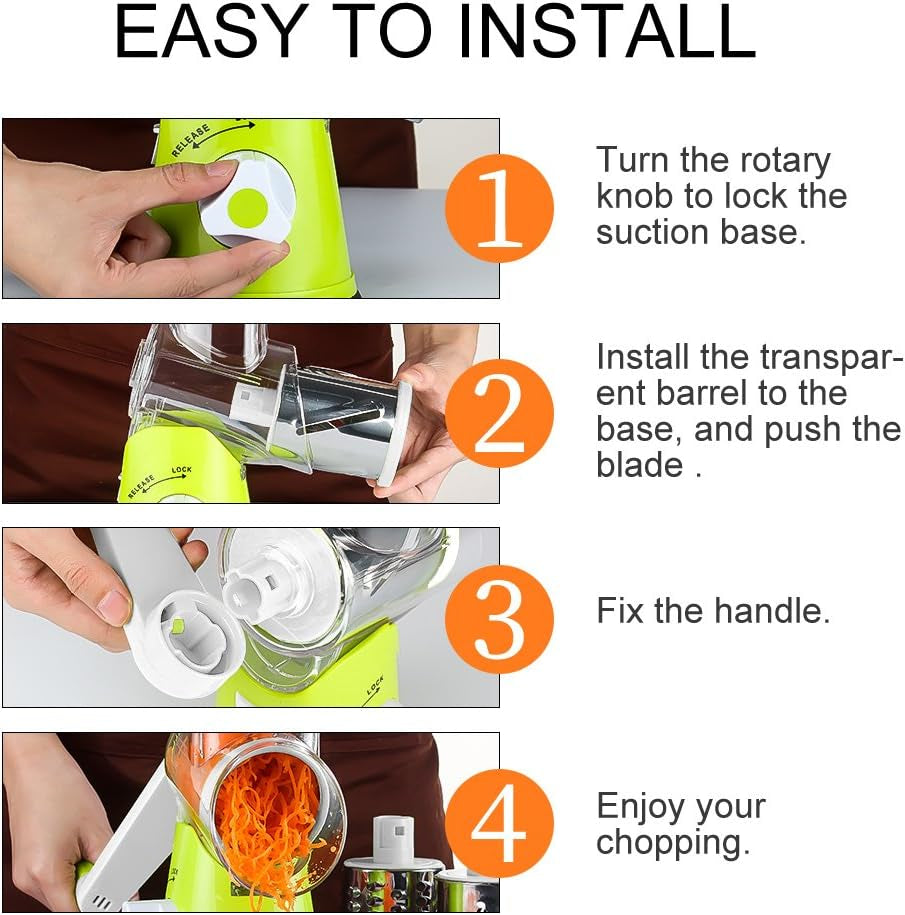 Rotary Cheese Grater & Vegetable Shredder with 3 Interchangeable Blades – Hand Crank Mandoline Slicer (Green)