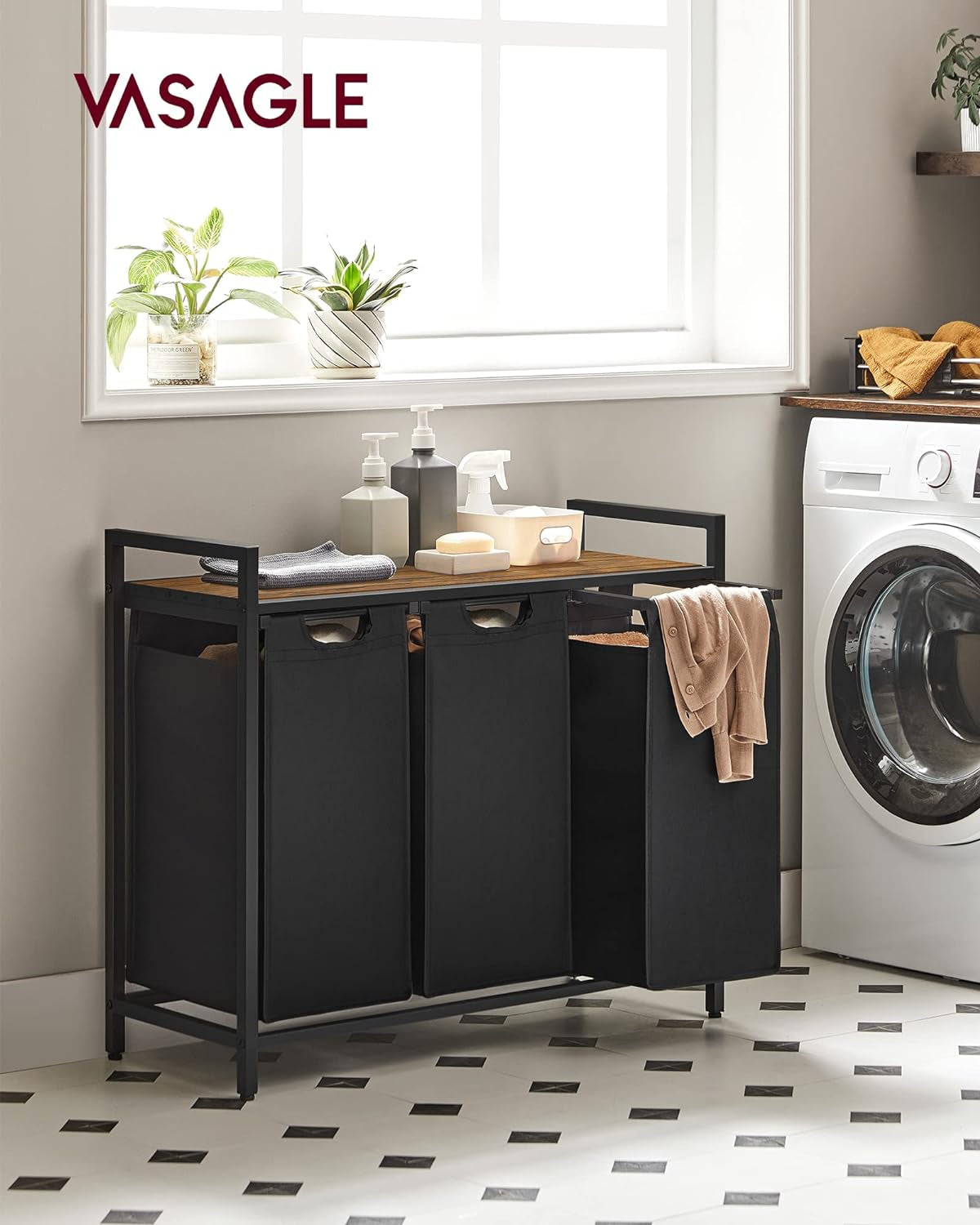 Laundry Hamper, Laundry Basket, Laundry Sorter with 3 Pull-Out and Removable Bags, Shelf, Metal Frame, 3 X 10.6 Gallons (40 L), 36.4 X 13 X 28.4 Inches, Ink Black and Rustic Brown UBLH301B01V1
