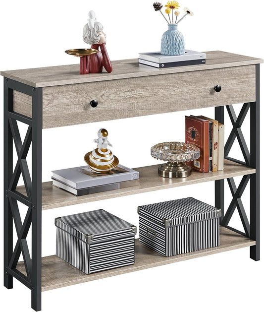 Narrow Console Table with Drawer & 3-Tier Storage Shelves – Long Entryway Table for Hallway, Living Room, or Behind Sofa – Metal Frame, Gray Finish