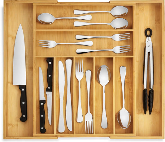Expandable Bamboo Drawer Organizer – 7 to 9 Slot Silverware & Utensil Tray with Dividers for Kitchen Flatware (Natural)