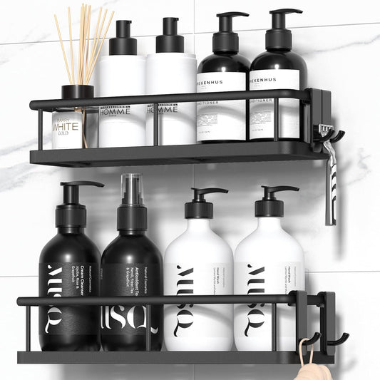 Adhesive Shower Caddy 2-Pack – No-Drill Rustproof Bathroom Organizer Shelves with Removable Hooks, Wall-Mounted Black Shower Rack