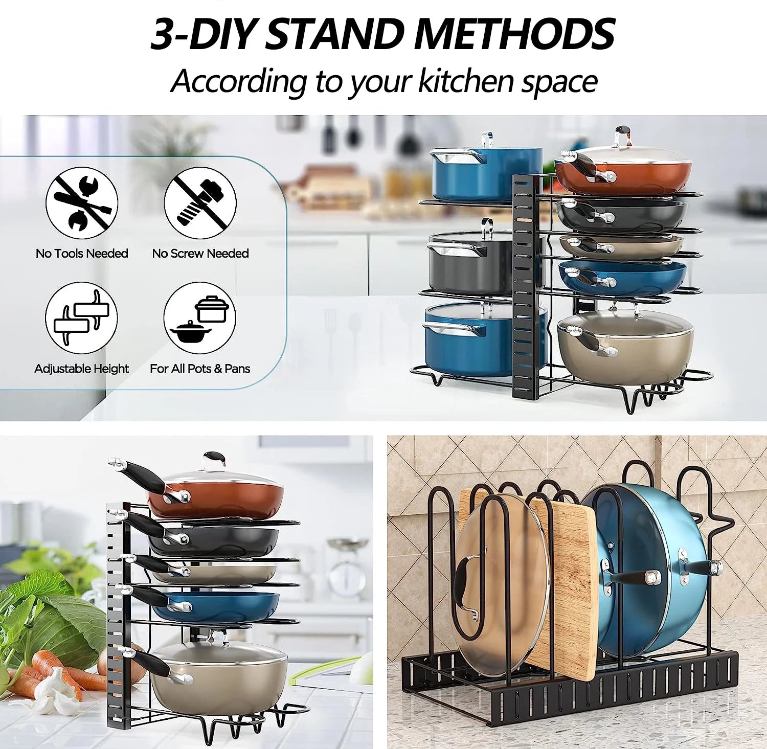 Pots and Pans Organizer Rack – 8-Tier Adjustable Heavy-Duty Metal Rack with 3 DIY Assembly Options & Anti-Slip Silicone Pads for Cabinet & Kitchen Storage