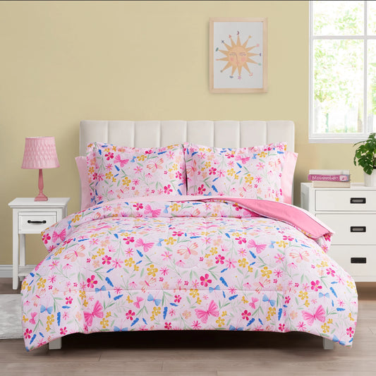 7-Piece Pink Wildflower Bedding Set for Girls – Full Size Floral Polyester Comforter Set with Shams & Decorative Pillows