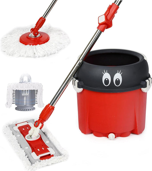 2-in-1 Floor Mop and Bucket Set – Hands-Free Spinning Mop with Round & Square Heads, Microfiber Pads, Wet & Dry Use for Hardwood, Tile, Laminate