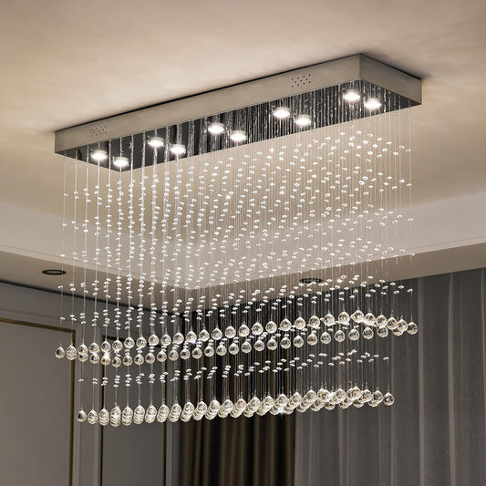 Modern Rectangular Crystal Chandelier – 10-Light Raindrop Pendant Ceiling Fixture for Dining Room, Foyer, Kitchen, Entryway – 47" x 12" x 35.5"