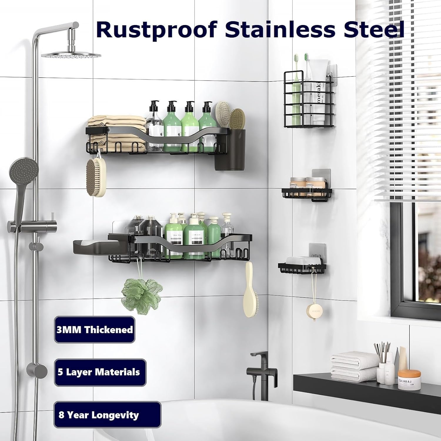 7-Pack Adhesive Shower Caddy Set – Rustproof Stainless Steel Bathroom Organizer with Soap Dish, Toothbrush Holder & 24 Hooks – No-Drill, Large Capacity Storage Solution