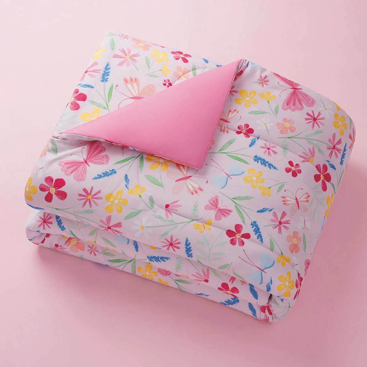 7-Piece Pink Wildflower Bedding Set for Girls – Full Size Floral Polyester Comforter Set with Shams & Decorative Pillows