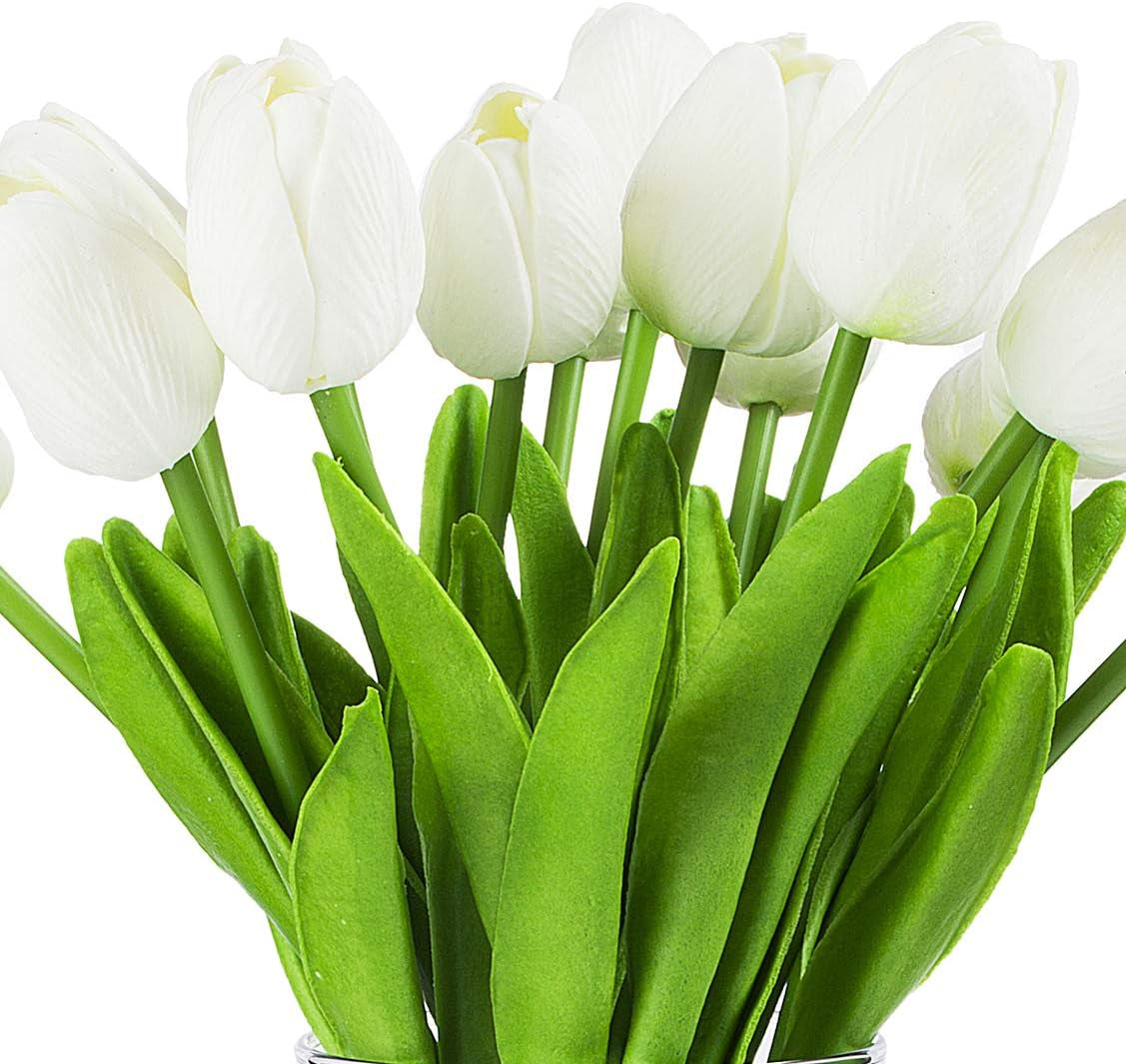 Artificial Real Touch White Tulips Arrangement in Glass Vase with Faux Water
