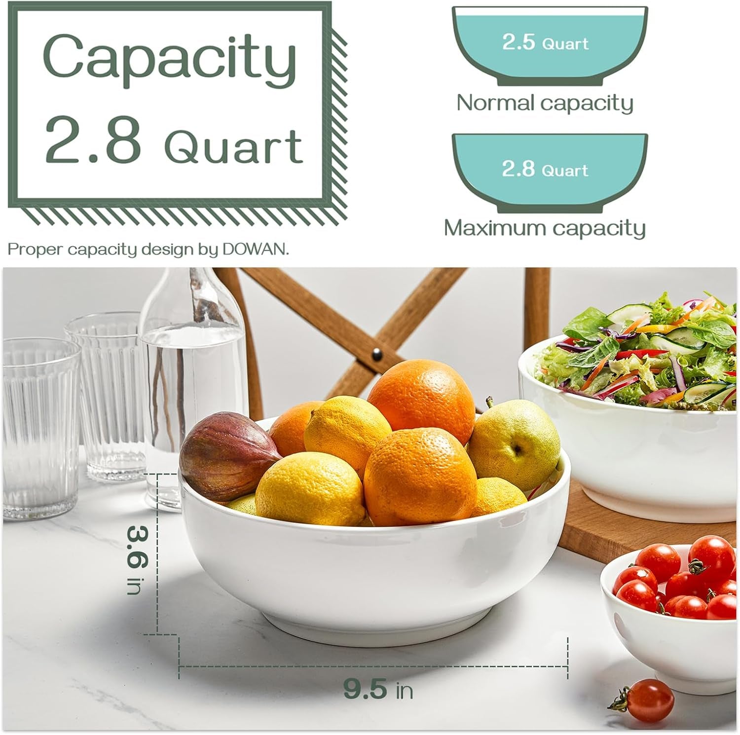 Elegant 9.5" Large Serving Bowls – Versatile White Ceramic Salad and Pasta Bowls for Entertaining, Dining, and Kitchen Decor