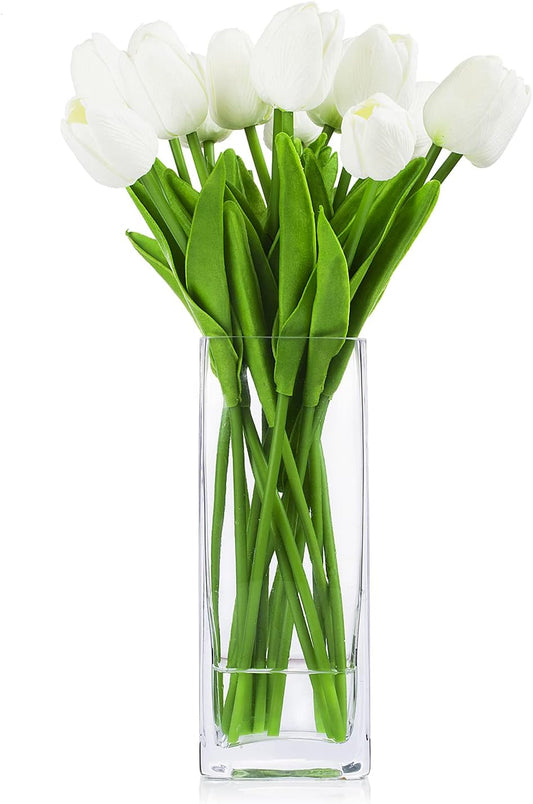 Artificial Real Touch White Tulips Arrangement in Glass Vase with Faux Water