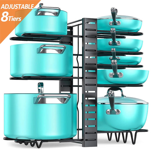 Pots and Pans Organizer Rack – 8-Tier Adjustable Heavy-Duty Metal Rack with 3 DIY Assembly Options & Anti-Slip Silicone Pads for Cabinet & Kitchen Storage