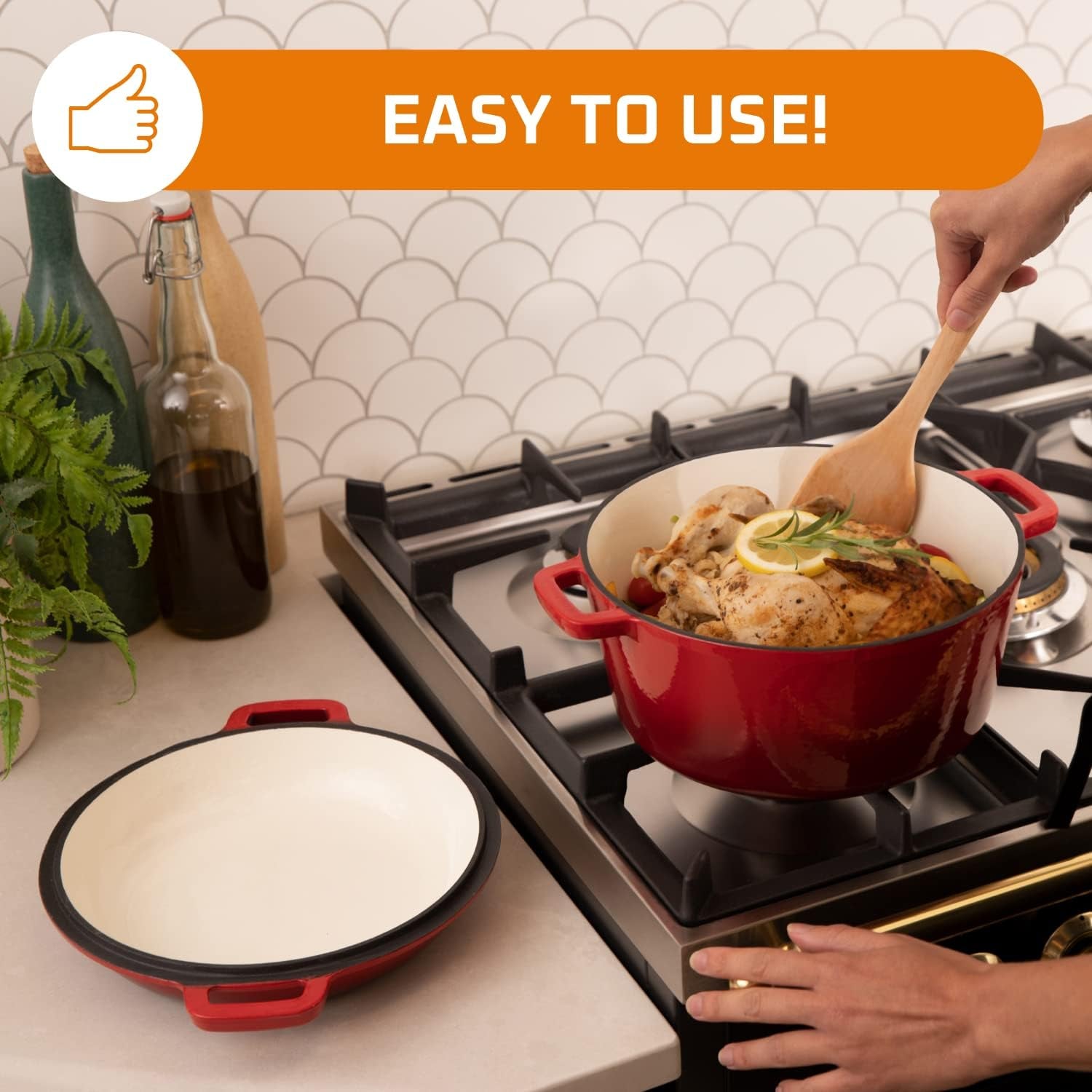 2-in-1 Pre-Seasoned Cast Iron Dutch Oven with Skillet Lid – 5 Qt Round Double Dutch Oven for Bread, Casseroles & Braising (13.5" x 7", Black)