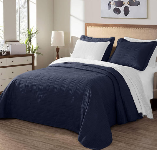 Kingston 3-Piece Queen Size Bedspread Set – Navy Oversized Quilted Microfiber Coverlet (100"x106") for All Seasons