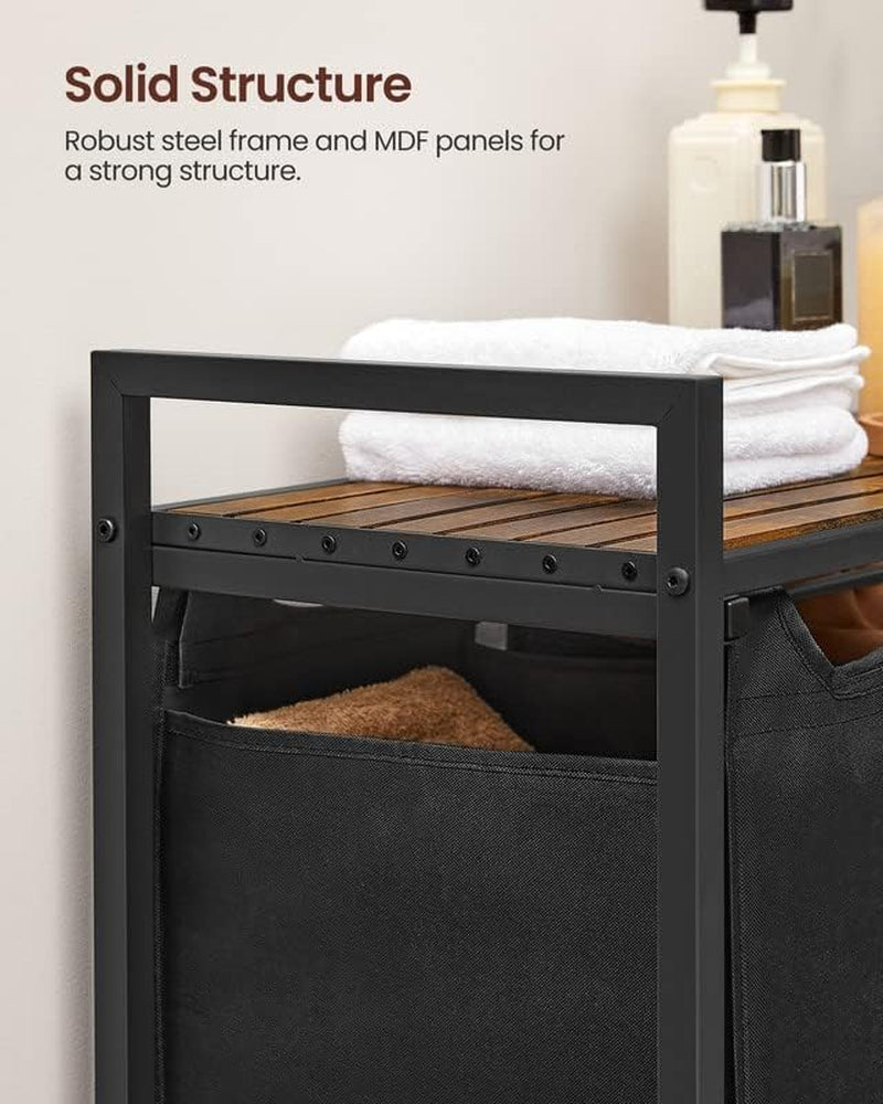 Laundry Hamper, Laundry Basket, Laundry Sorter with 3 Pull-Out and Removable Bags, Shelf, Metal Frame, 3 X 10.6 Gallons (40 L), 36.4 X 13 X 28.4 Inches, Ink Black and Rustic Brown UBLH301B01V1