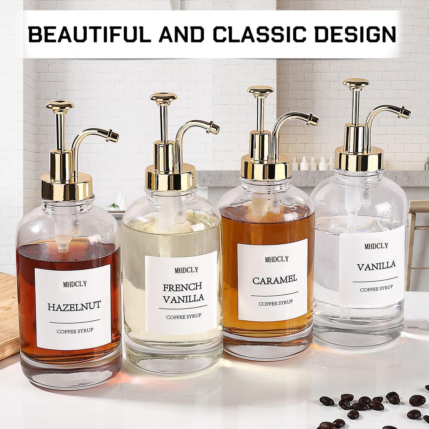 Coffee Syrup Dispenser Set – 4 Pack 16.9 Oz Bottles with Gold Pumps & Labels, Refillable Coffee Bar Accessories for Flavored Syrups
