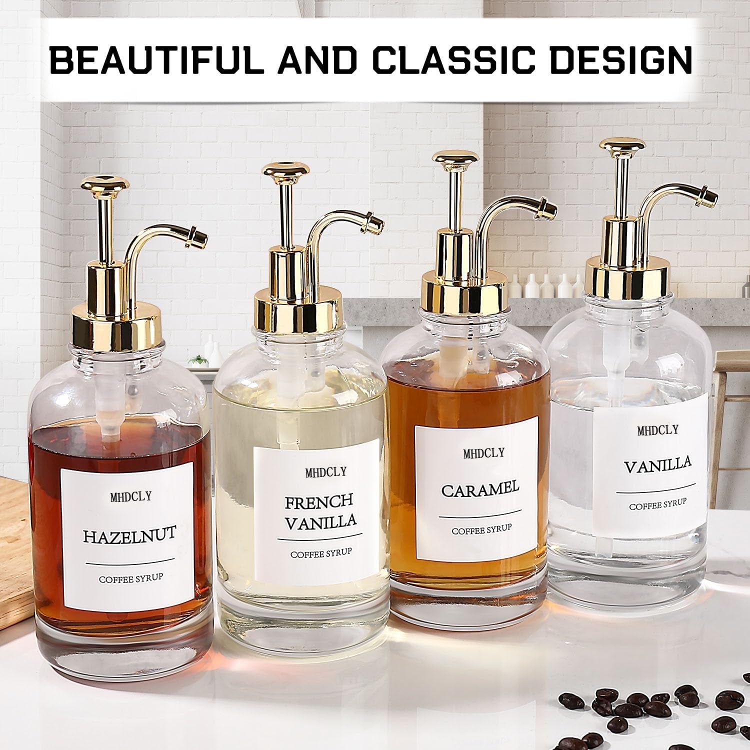 Coffee Syrup Dispenser Set – 4 Pack 16.9 Oz Bottles with Gold Pumps & Labels, Refillable Coffee Bar Accessories for Flavored Syrups