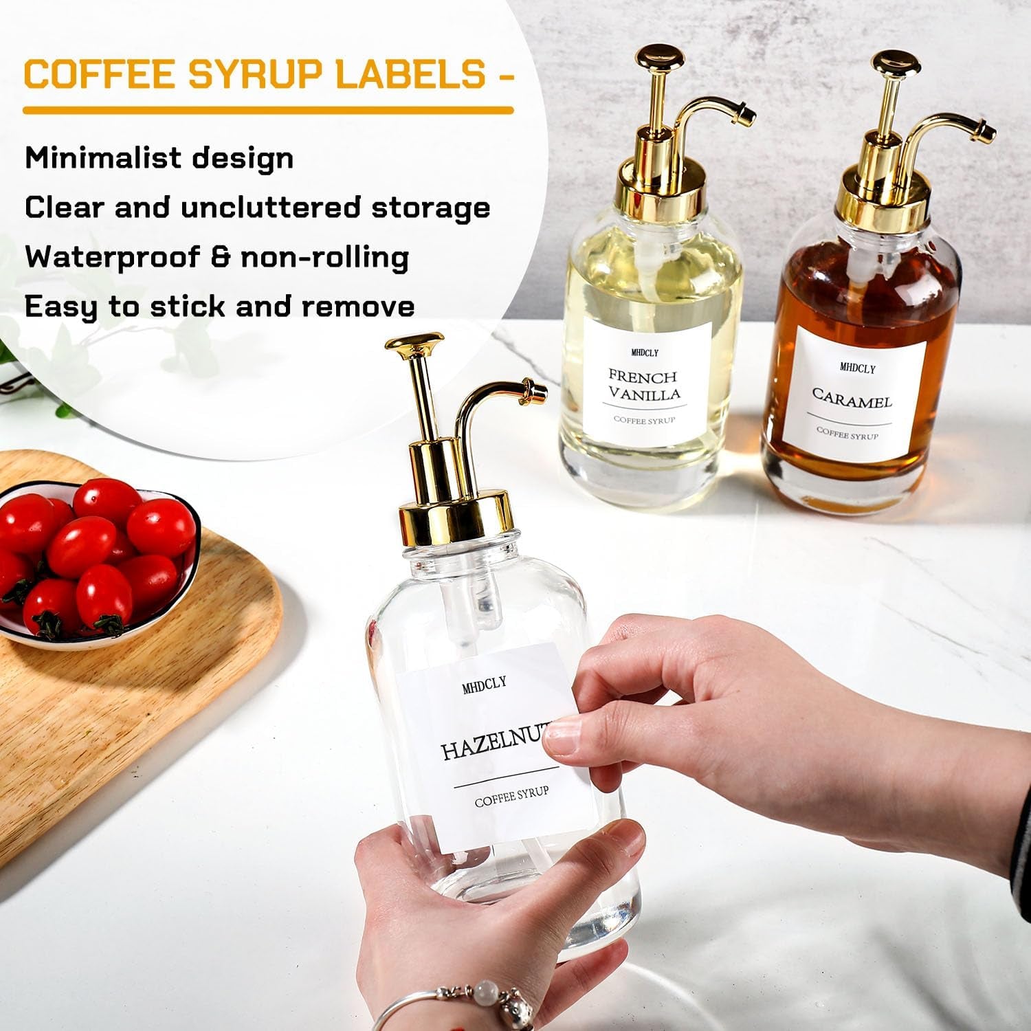 Coffee Syrup Dispenser Set – 4 Pack 16.9 Oz Bottles with Gold Pumps & Labels, Refillable Coffee Bar Accessories for Flavored Syrups