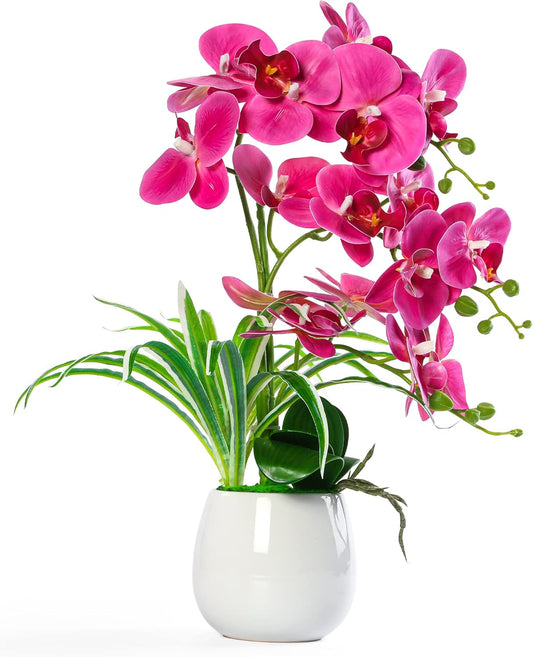 19” Artificial Fuchsia Orchid Plant with Ceramic Vase – Realistic Faux Flower Decor