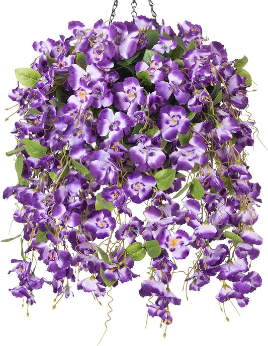 Artificial Hanging Hibiscus Flowers – Faux Silk Long Vine Basket, UV Resistant, Dark Purple