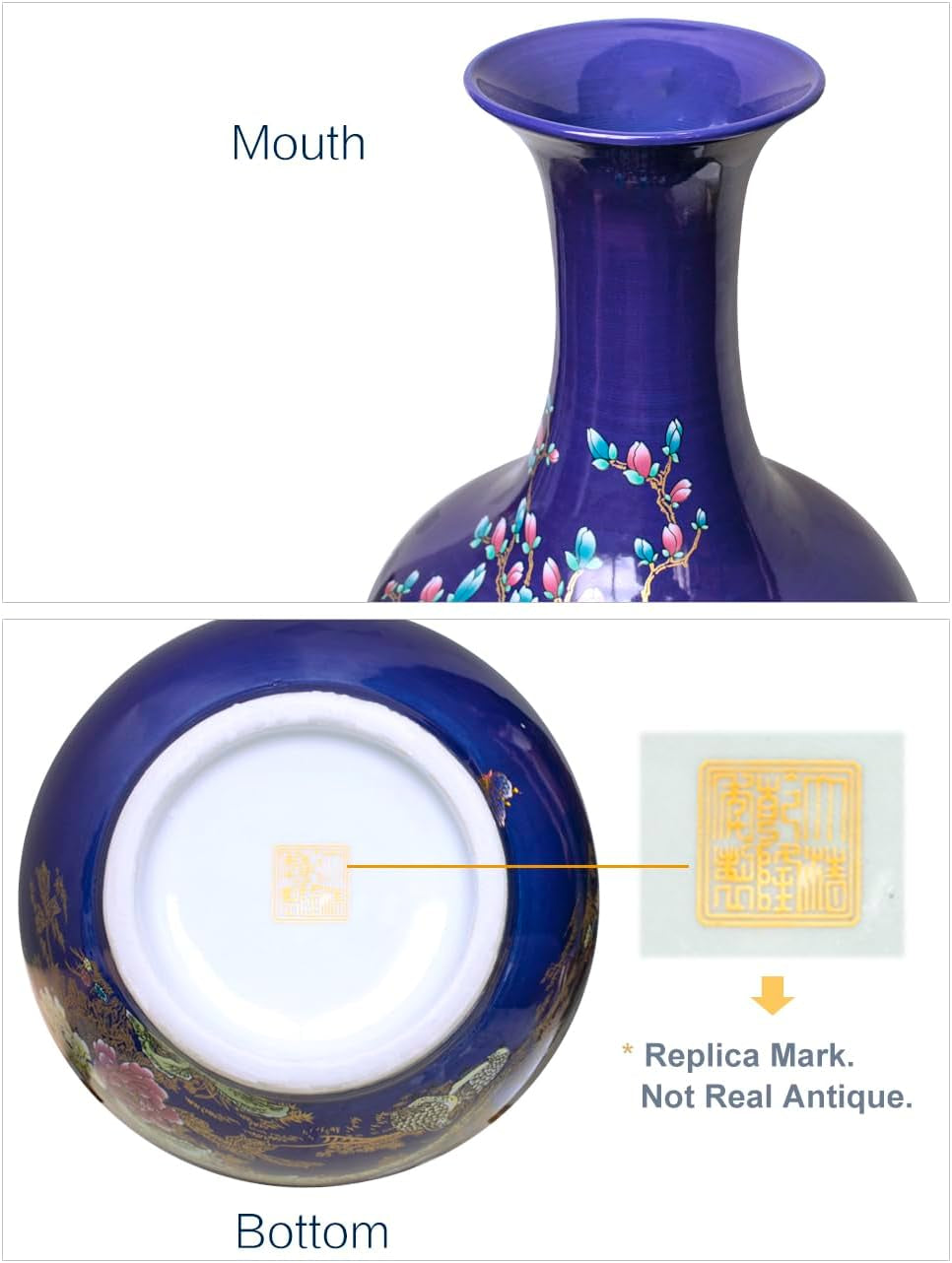 Handmade Famille Rose Porcelain Vase – Cobalt Blue, Globular, 14.5"