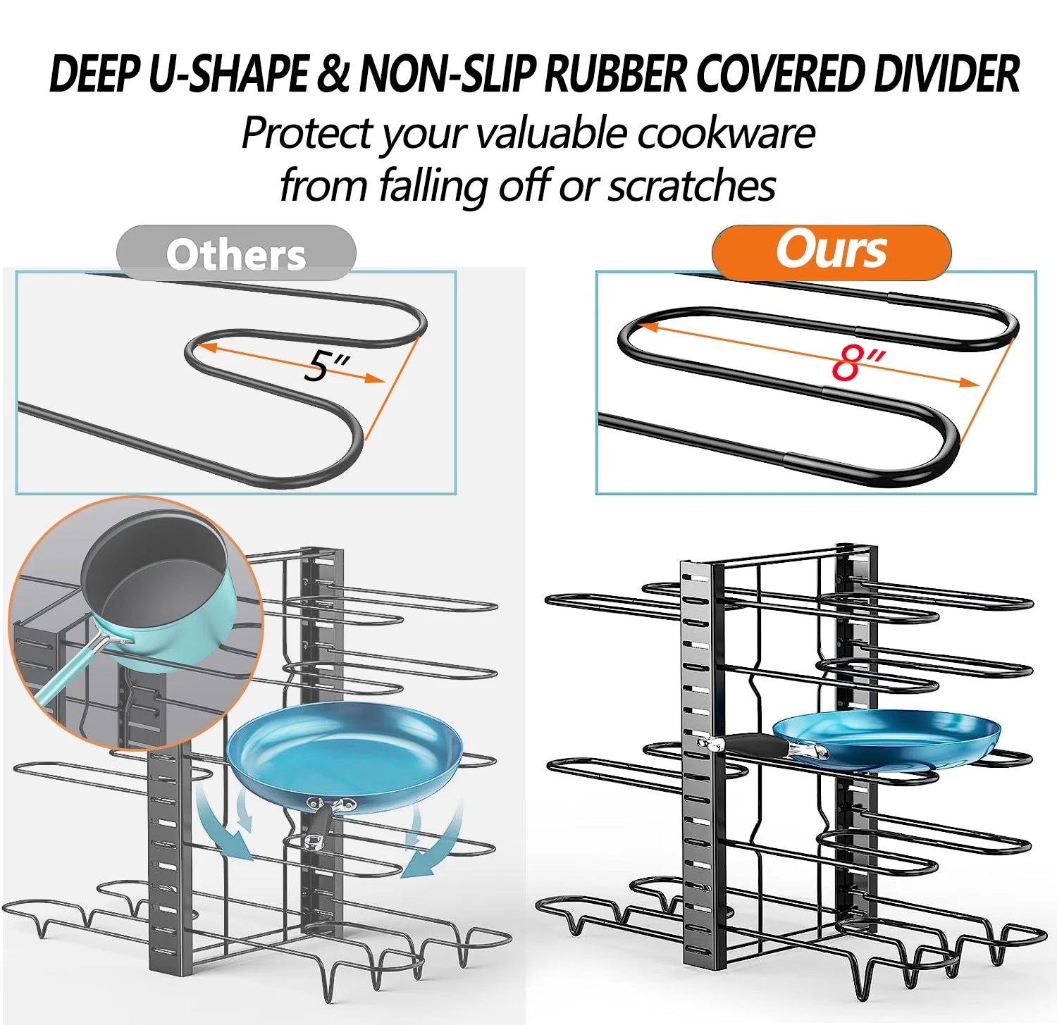 Pots and Pans Organizer Rack – 8-Tier Adjustable Heavy-Duty Metal Rack with 3 DIY Assembly Options & Anti-Slip Silicone Pads for Cabinet & Kitchen Storage