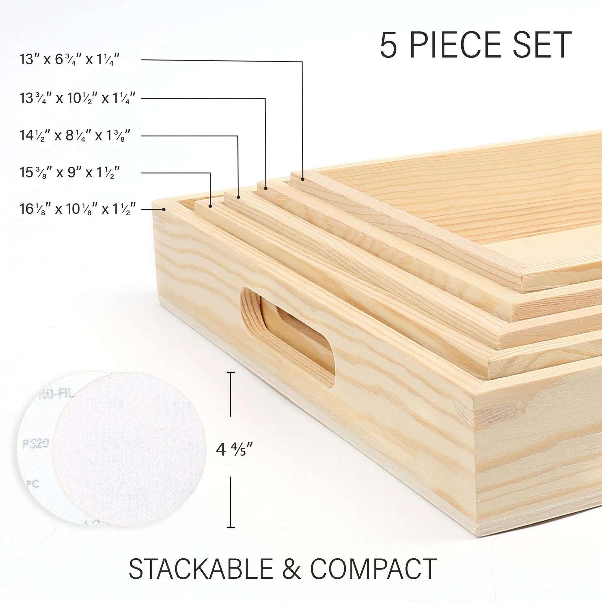 5-Piece Wooden Nested Serving Trays with Handles – Unfinished Natural Wood Trays for DIY Crafts, Rustic Décor & Food Serving – 13" to 16"
