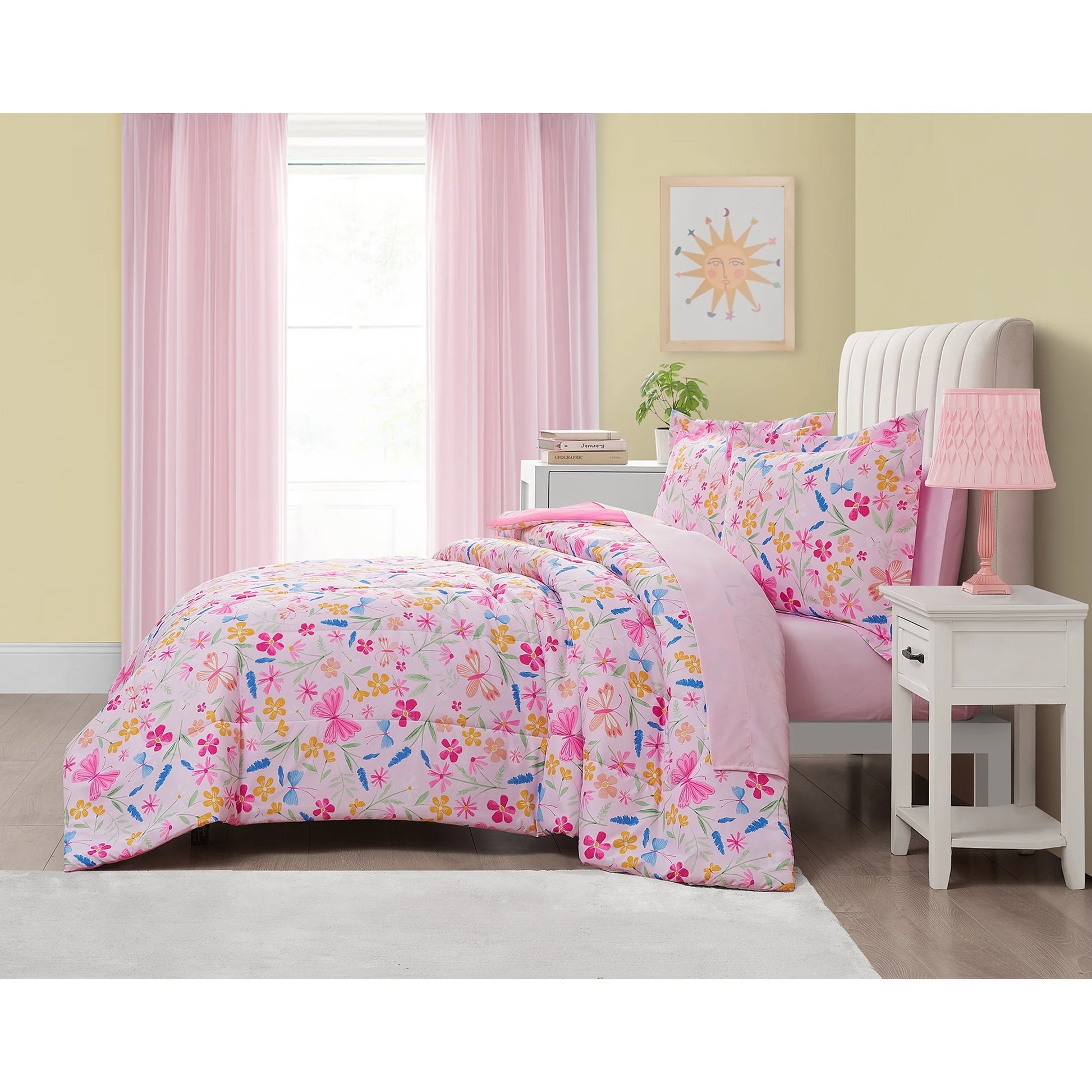 7-Piece Pink Wildflower Bedding Set for Girls – Full Size Floral Polyester Comforter Set with Shams & Decorative Pillows