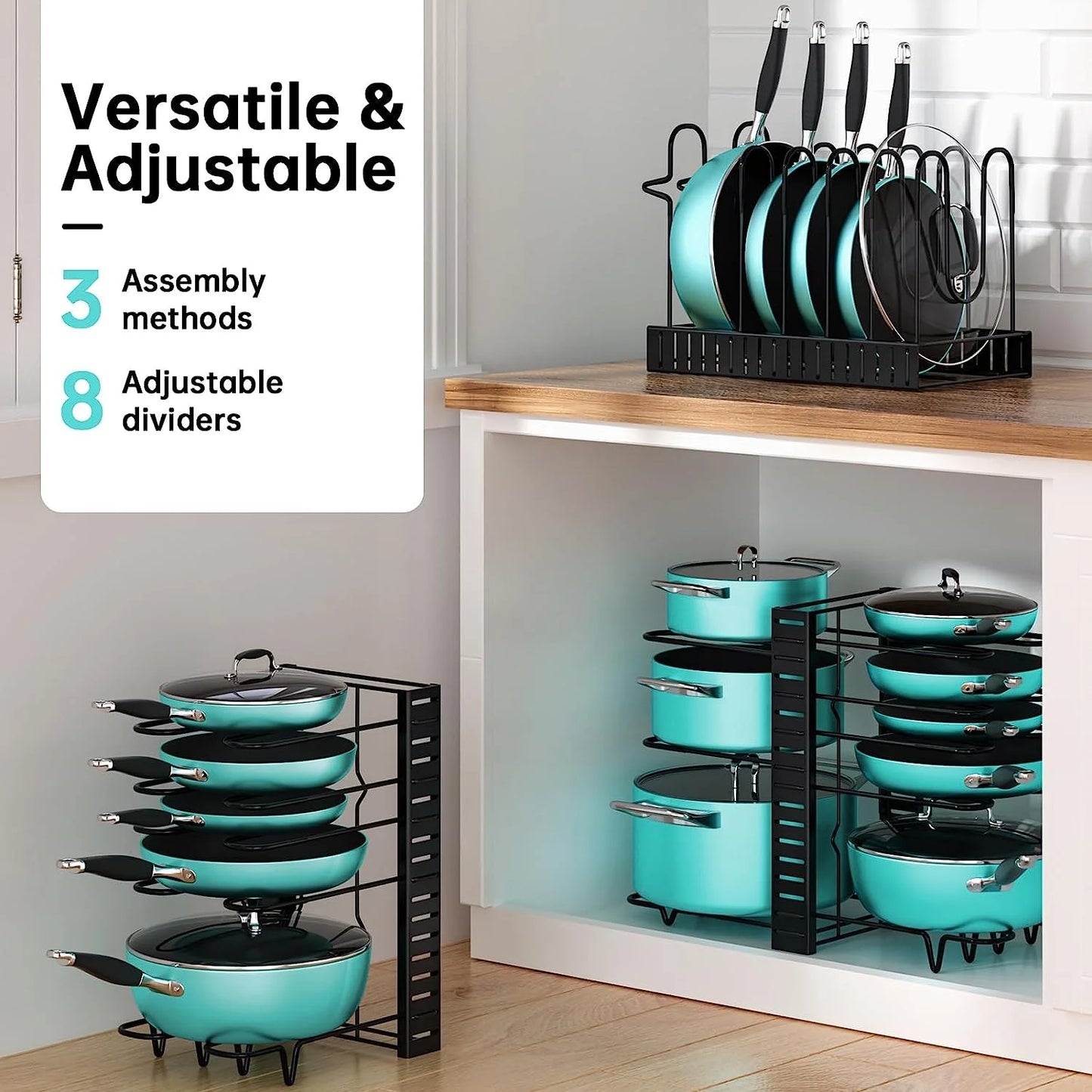 Pots and Pans Organizer Rack – 8-Tier Adjustable Heavy-Duty Metal Rack with 3 DIY Assembly Options & Anti-Slip Silicone Pads for Cabinet & Kitchen Storage