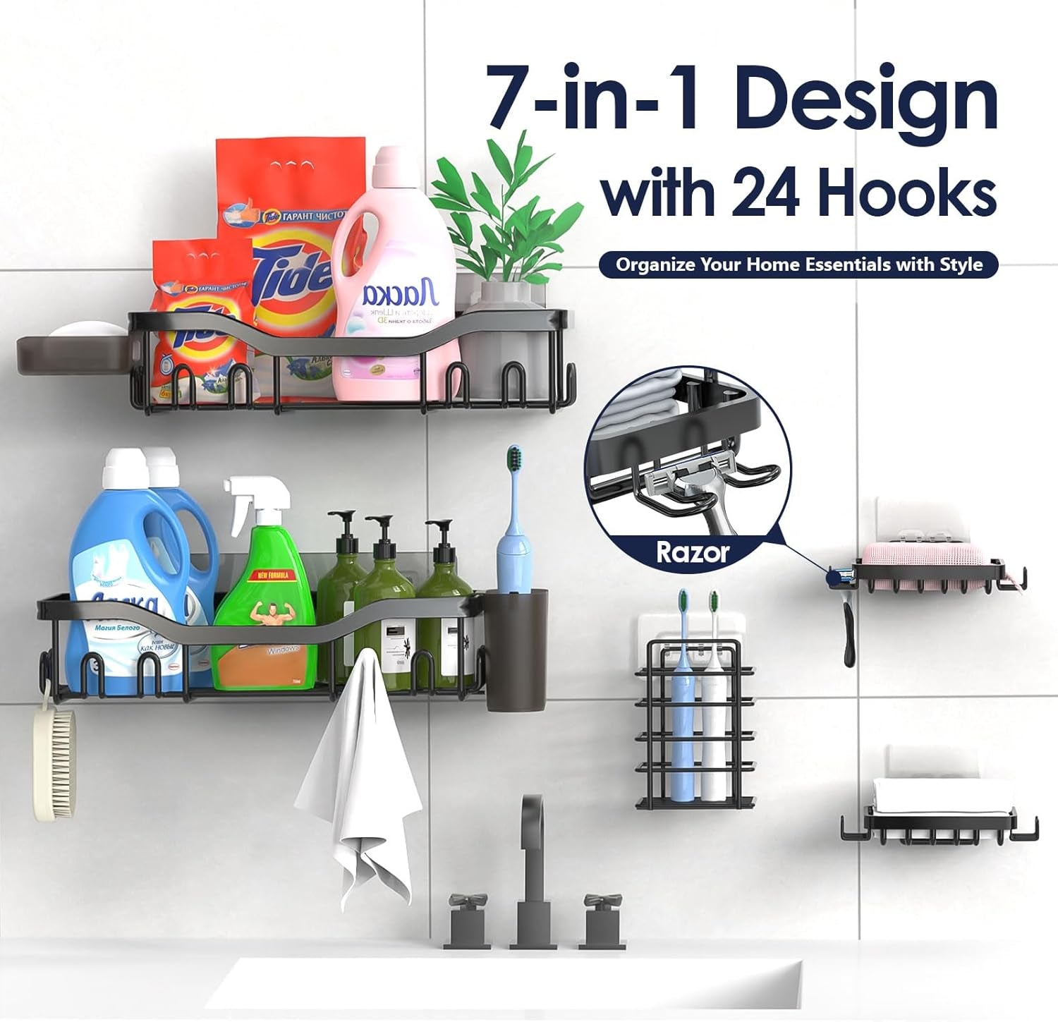 7-Pack Adhesive Shower Caddy Set – Rustproof Stainless Steel Bathroom Organizer with Soap Dish, Toothbrush Holder & 24 Hooks – No-Drill, Large Capacity Storage Solution