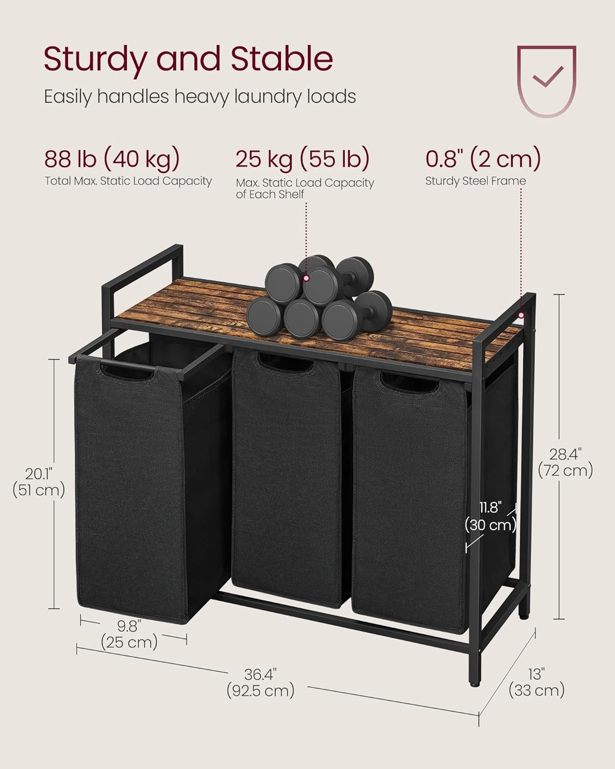 Laundry Hamper, Laundry Basket, Laundry Sorter with 3 Pull-Out and Removable Bags, Shelf, Metal Frame, 3 X 10.6 Gallons (40 L), 36.4 X 13 X 28.4 Inches, Ink Black and Rustic Brown UBLH301B01V1