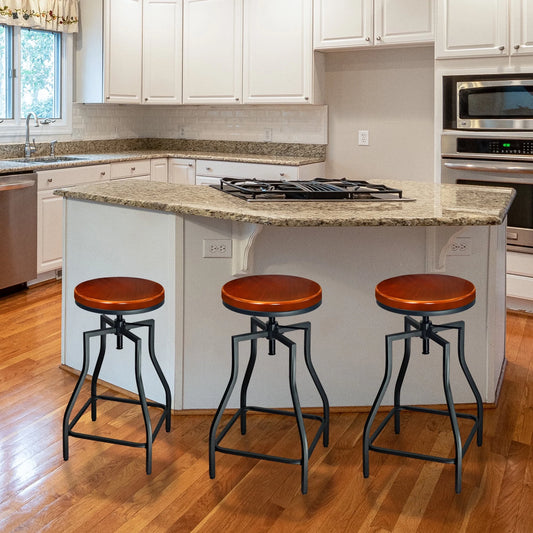 Set of 3 Industrial Adjustable Swivel Counter Stools – Metal Frame with Rustic Wood Veneer Seat, Brown & Black