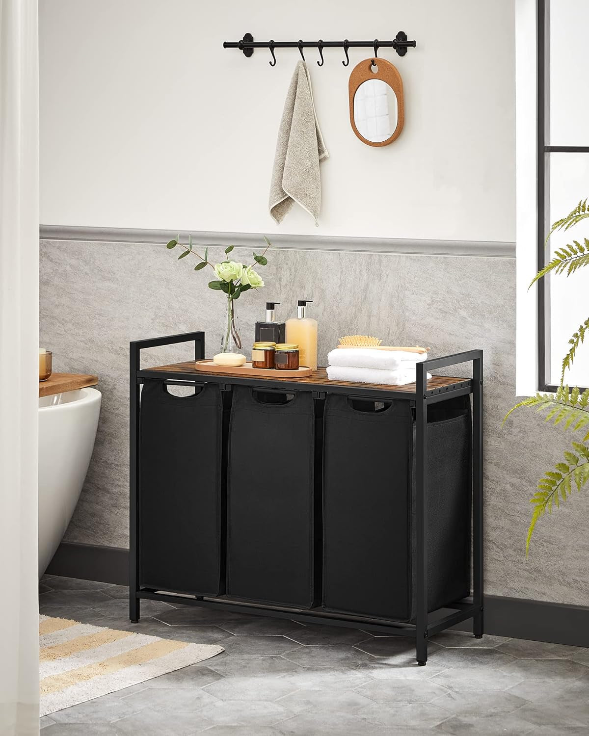 Laundry Hamper, Laundry Basket, Laundry Sorter with 3 Pull-Out and Removable Bags, Shelf, Metal Frame, 3 X 10.6 Gallons (40 L), 36.4 X 13 X 28.4 Inches, Ink Black and Rustic Brown UBLH301B01V1