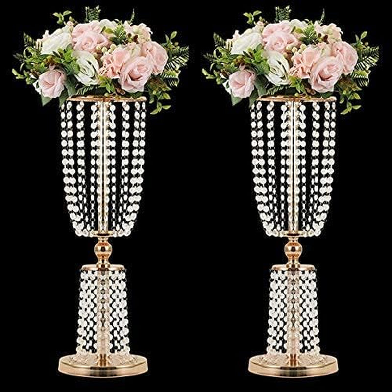 2-Piece 23.75" Gold Crystal Metal Vases – Tall Wedding Centerpiece Stands for Reception Tables